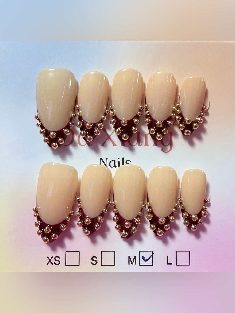 Neutral Nude Press-On Nails with Gold Stud Accent - Women Makeup